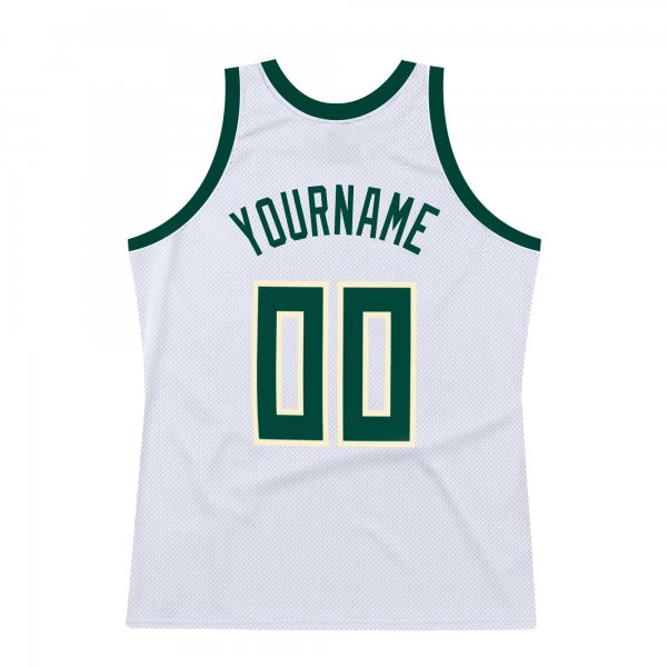 Men's Custom White Hunter Green-Cream Authentic Throwback Basketball Jersey