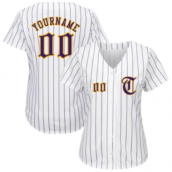 Men's Custom White Purple Pinstripe Purple-Gold Authentic Baseball Jersey