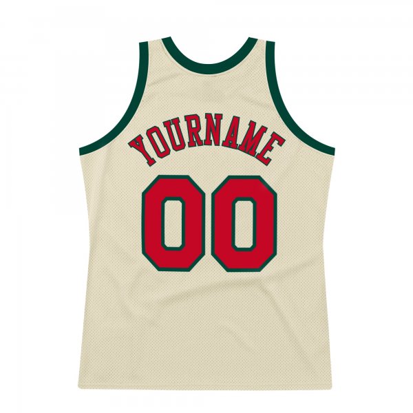 Men's Custom Cream Red-Hunter Green Authentic Throwback Basketball Jersey