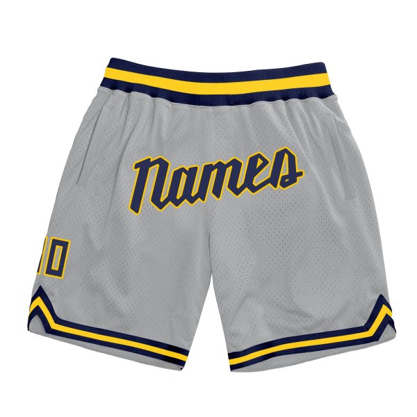 Men's Custom Silver Gray Navy-Gold Authentic Throwback Basketball Shorts