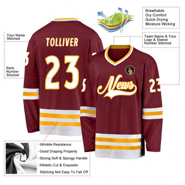 Men's Custom Burgundy White-Gold Hockey Jersey