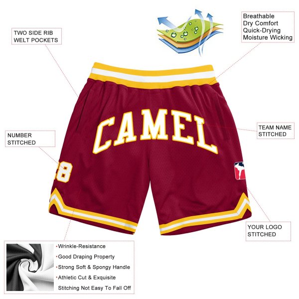 Men's Custom Maroon White-Gold Authentic Throwback Basketball Shorts