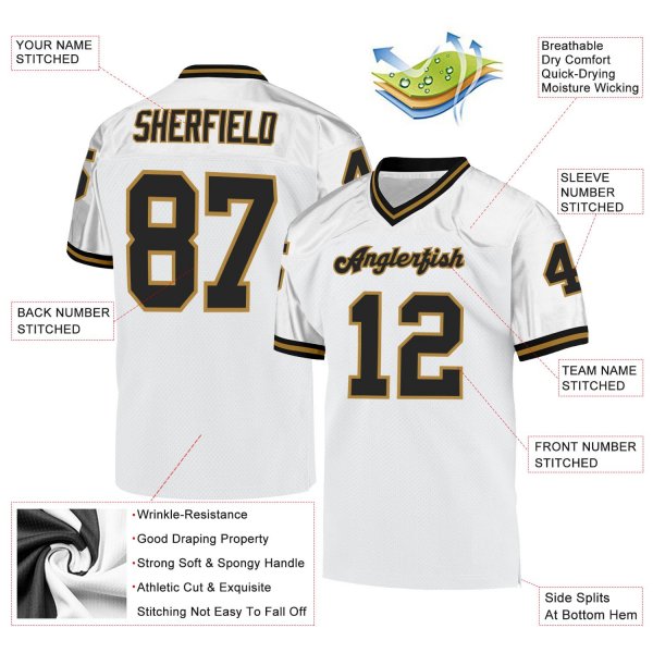 Men's Custom White Black-Old Gold Mesh Authentic Throwback Football Jersey