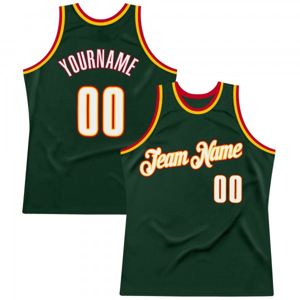 Men's Custom Hunter Green White-Red Authentic Throwback Basketball Jersey