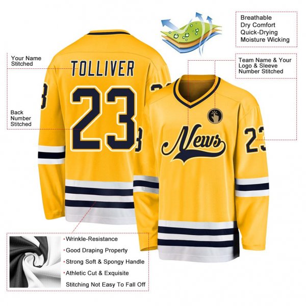 Men's Custom Gold Navy-White Hockey Jersey