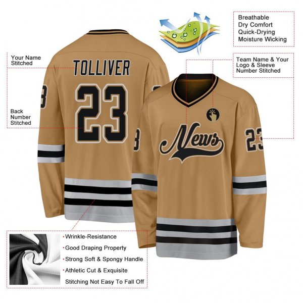 Men's Custom Old Gold Black-Gray Hockey Jersey