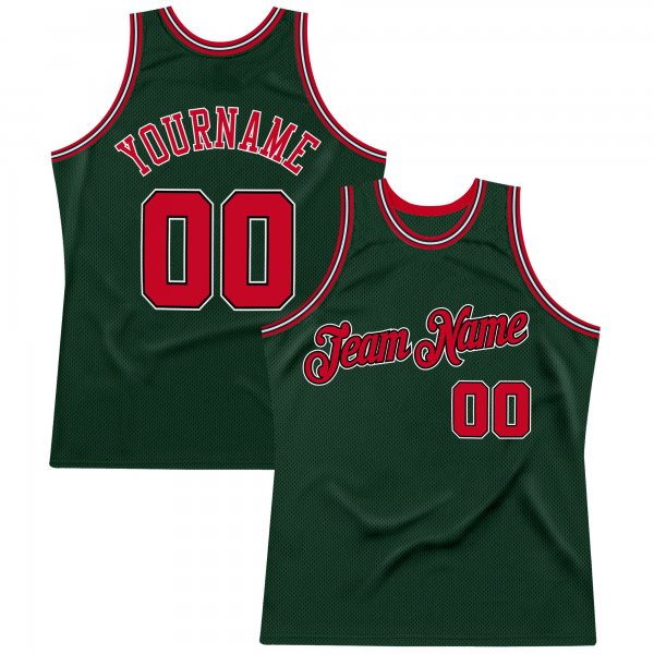 Men's Custom Hunter Green Red-Black Authentic Throwback Basketball Jersey