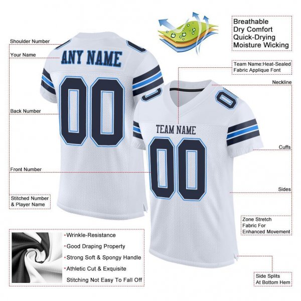 Men's Custom White Navy-Powder Blue Mesh Authentic Football Jersey