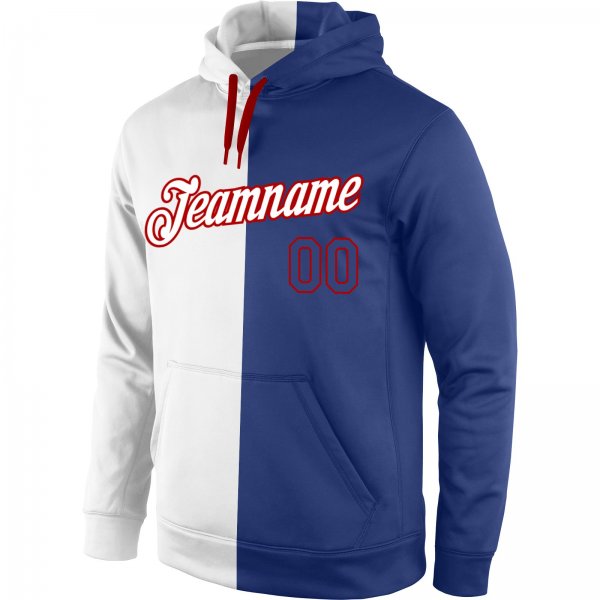 Men's Custom Stitched White Royal-Red Split Fashion Sports Pullover Sweatshirt Hoodie