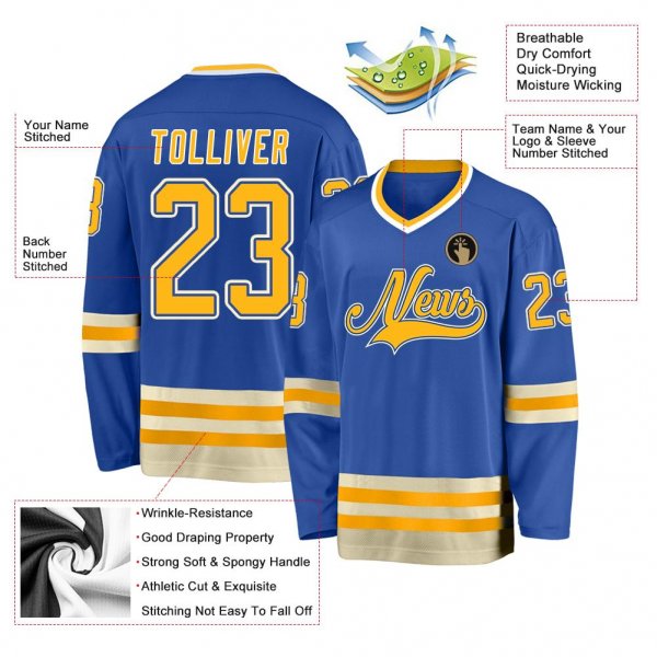 Men's Custom Blue Gold-Cream Hockey Jersey