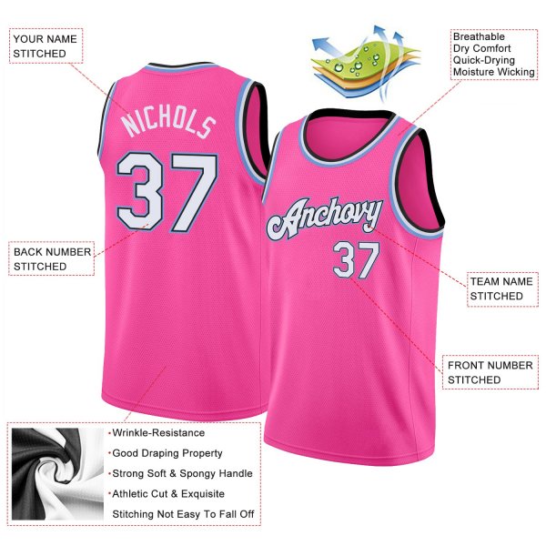 Men's Custom Pink White-Light Blue Round Neck Rib-Knit Basketball Jersey