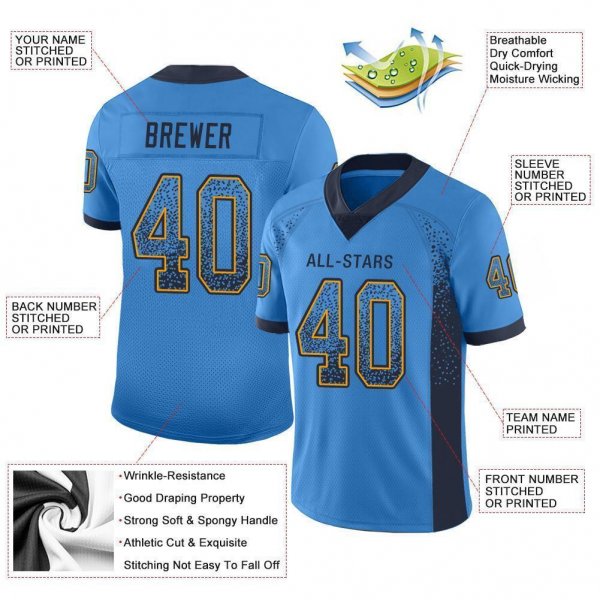 Men's Custom Powder Blue Navy-Gold Mesh Drift Fashion Football Jersey