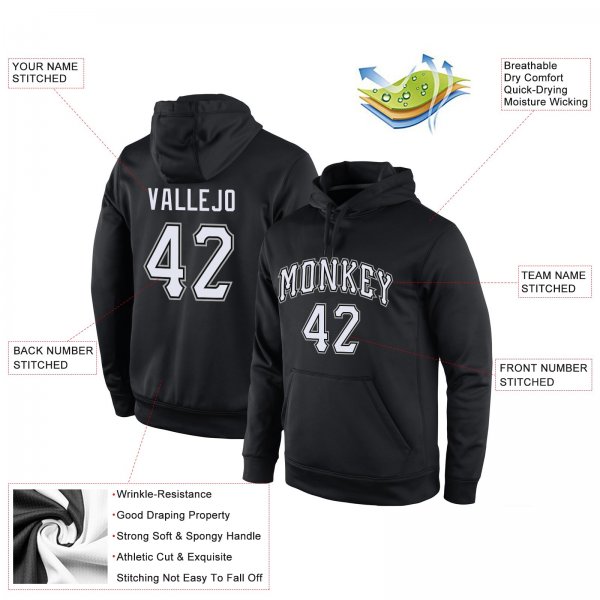 Men's Custom Stitched Black White-Gray Sports Pullover Sweatshirt Hoodie