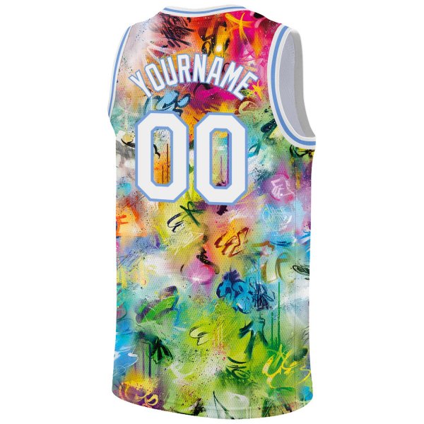 Men's Custom Scratch Graffiti Pattern-White Light Blue 3D Basketball Jersey