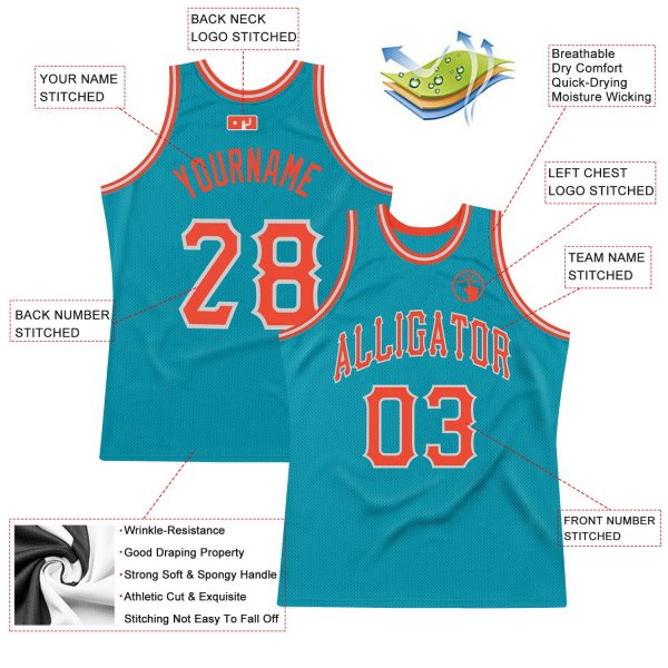 Men's Custom Teal Orange-Silver Gray Authentic Throwback Basketball Jersey