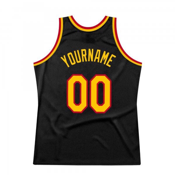 Men's Custom Black Gold-Red Authentic Throwback Basketball Jersey