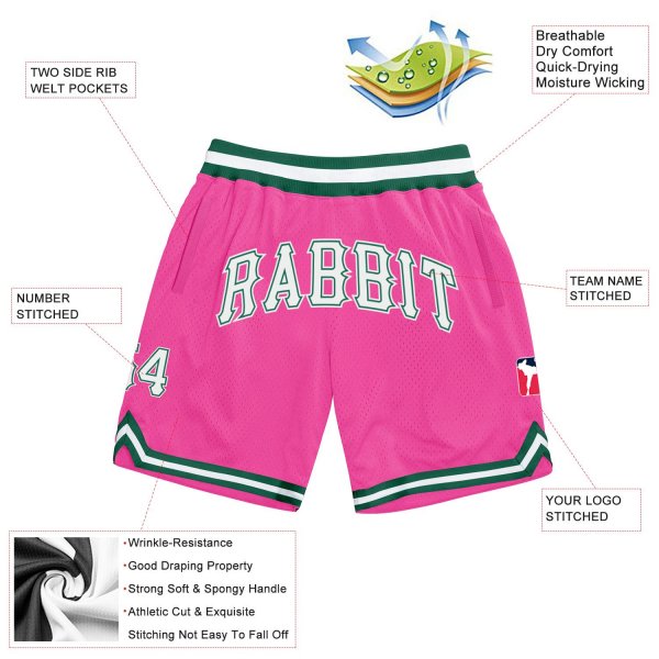 Men's Custom Pink White-Kelly Green Authentic Throwback Basketball Shorts