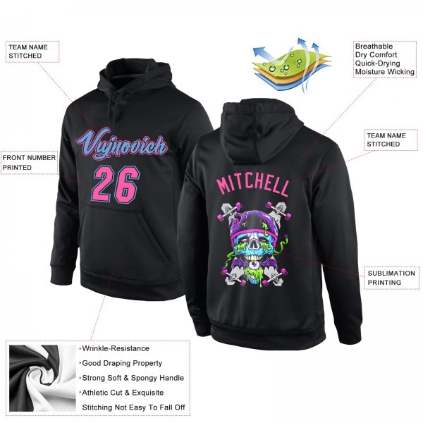 Men's Custom Stitched Black Pink-Light Blue Skull Fashion Sports Pullover Sweatshirt Hoodie