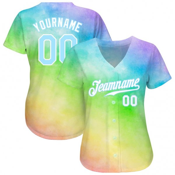 Men's Custom Rainbow Tie Dye Light Blue-White 3D Authentic Baseball Jersey