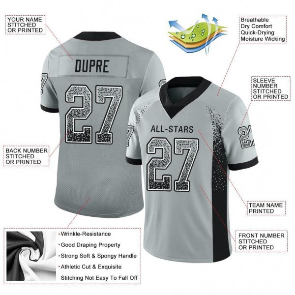 Men's Custom Silver Black-White Mesh Drift Fashion Football Jersey