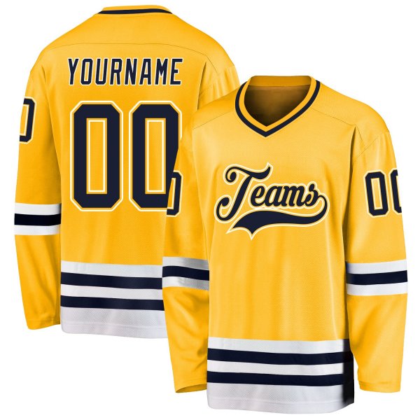 Men's Custom Gold Navy-White Hockey Jersey