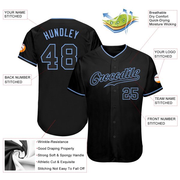 Men's Custom Black Black-Light Blue Authentic Baseball Jersey