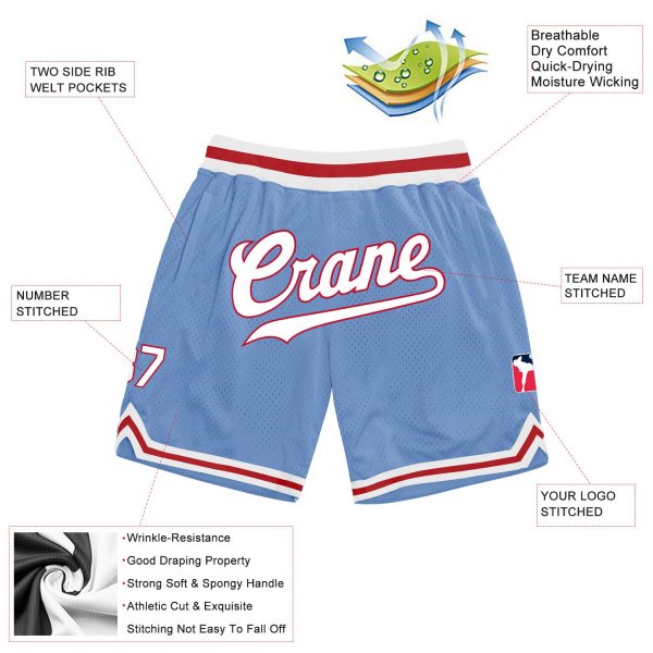 Men's Custom Light Blue White-Red Authentic Throwback Basketball Shorts