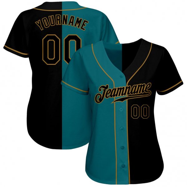 Men's Custom Aqua-Black Old Gold Authentic Split Fashion Baseball Jersey