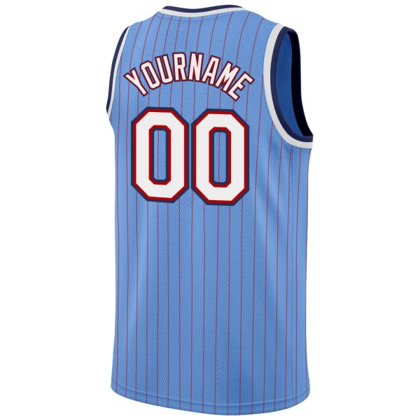 Men's Custom Light Blue Red Pinstripe White-Navy Authentic Basketball Jersey