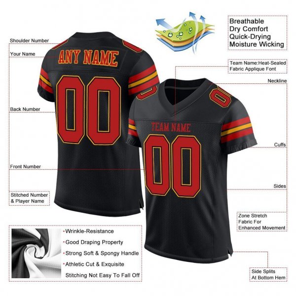 Men's Custom Black Scarlet-Gold Mesh Authentic Football Jersey