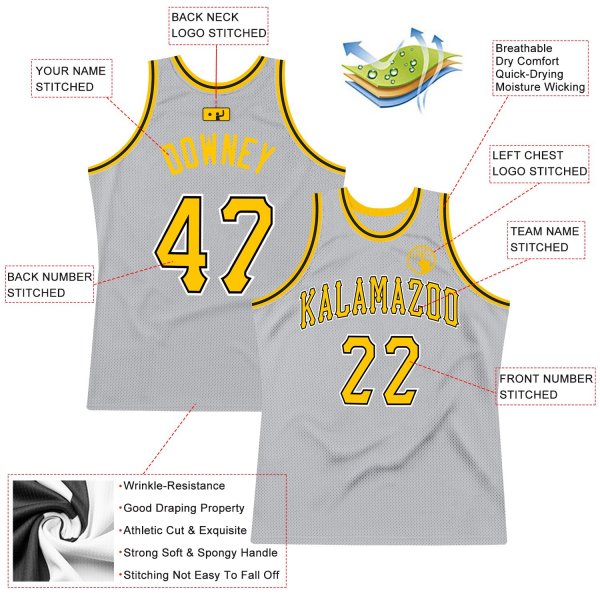 Men's Custom Silver Gray Gold-Black Authentic Throwback Basketball Jersey