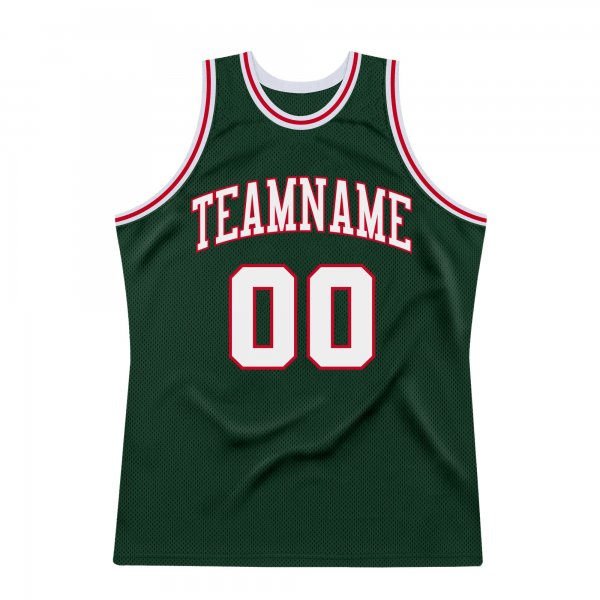 Men's Custom Hunter Green White-Red Authentic Throwback Basketball Jersey