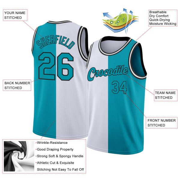 Men's Custom White Teal-Black Authentic Split Fashion Basketball Jersey