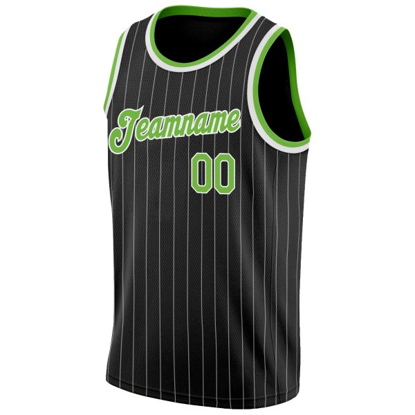 Men's Custom Black White Pinstripe Neon Green-White Authentic Basketball Jersey