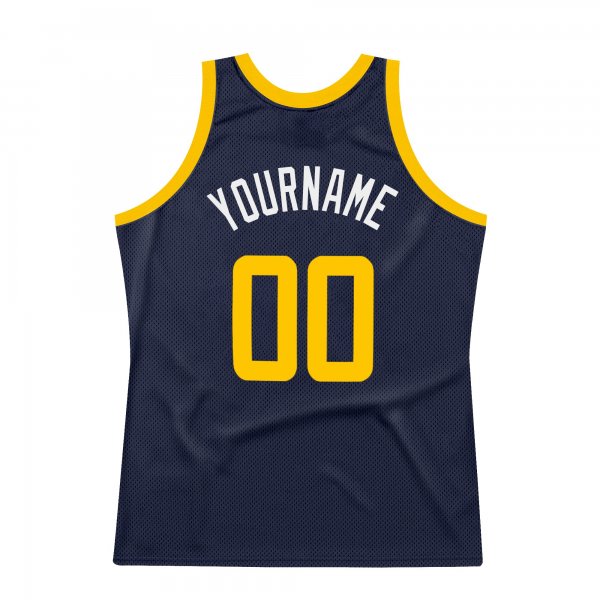 Men's Custom Navy Gold-White Authentic Throwback Basketball Jersey