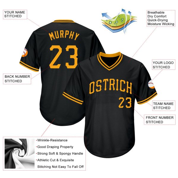 Men's Custom Black Gold Authentic Throwback Rib-Knit Baseball Jersey Shirt