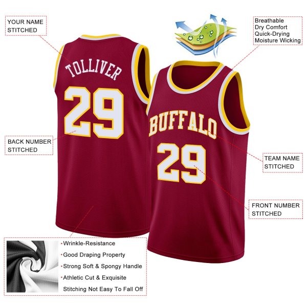 Men's Custom Maroon White-Gold Round Neck Rib-Knit Basketball Jersey