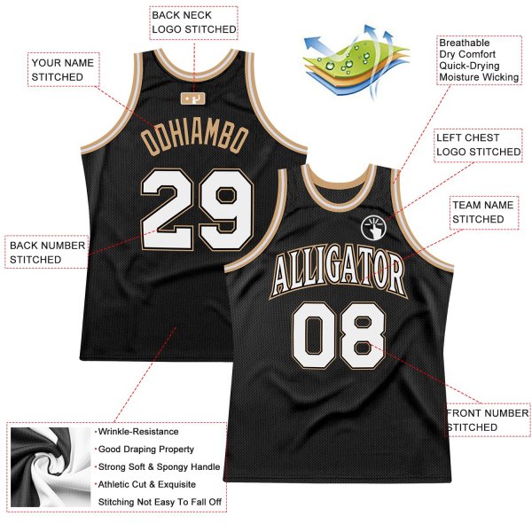 Men's Custom Black White-Old Gold Authentic Throwback Basketball Jersey