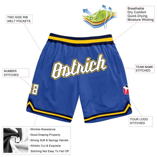 Men's Custom Blue White-Gold Authentic Throwback Basketball Shorts