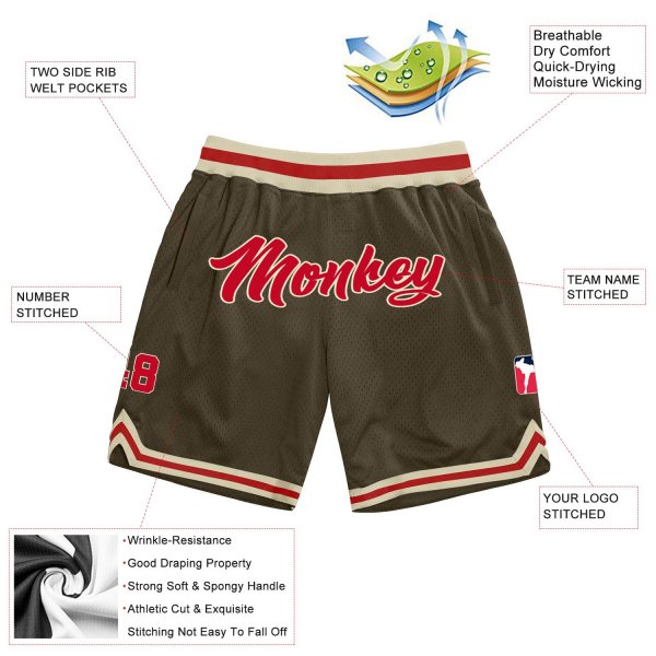 Men's Custom Olive Red-Cream Authentic Throwback Basketball Shorts